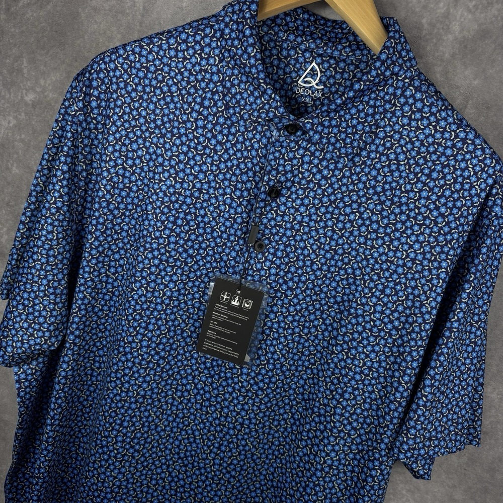 Deolax Polo Polo Shirt Men's 2XL Blue Floral All‎ Over Print Stretch Preppy NEW